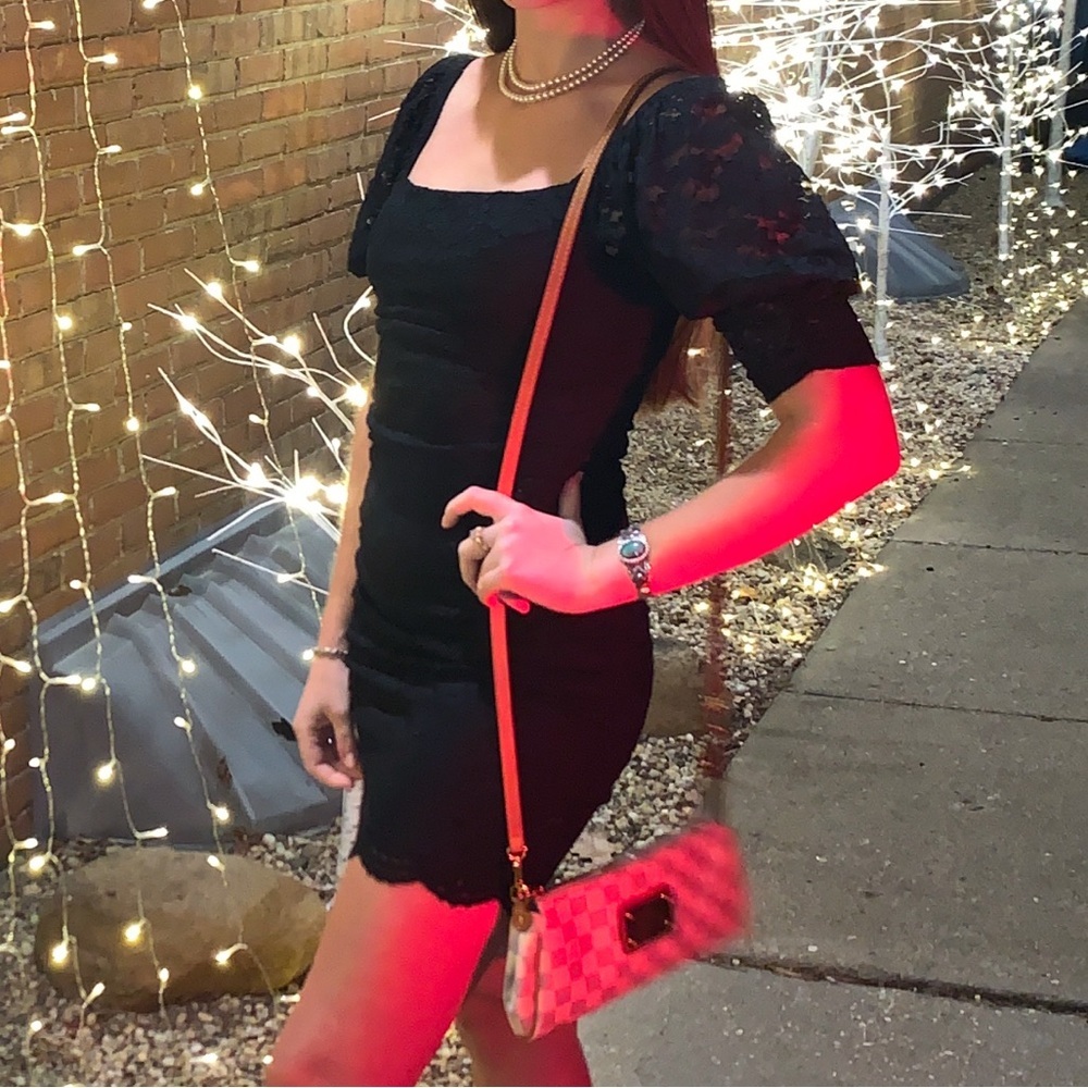 Express Black Lace Bodycon Puff Sleeve Mini Dress XS